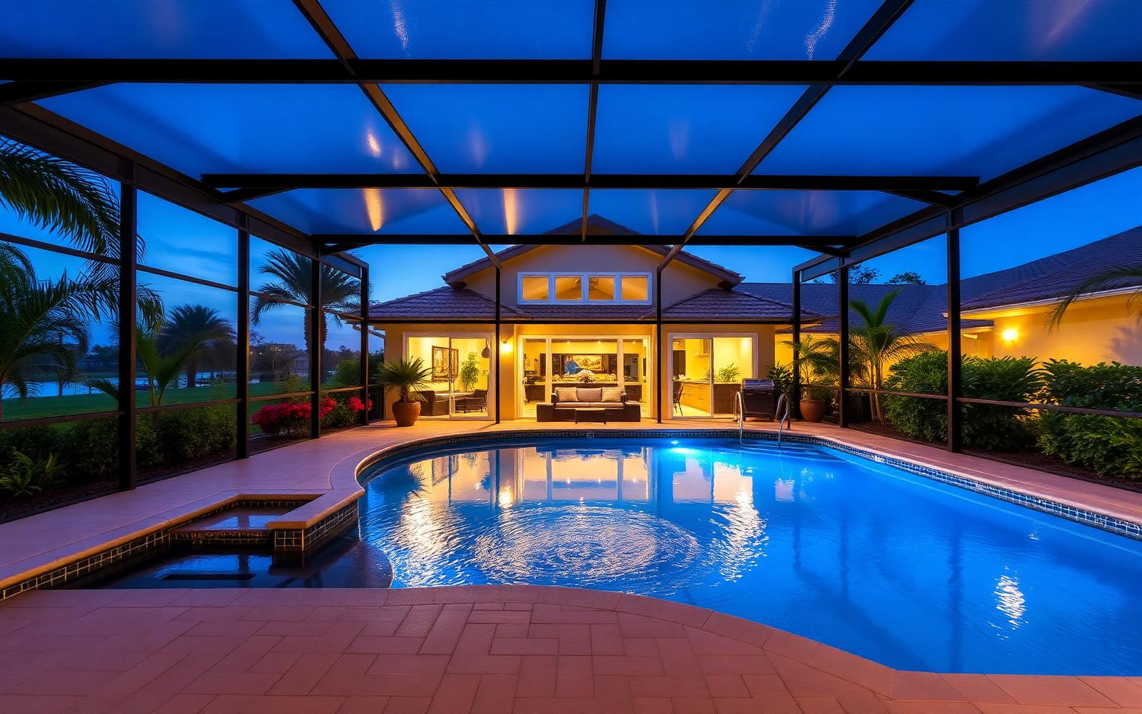 Florida pool with screen enclosure at twilight by Wekiva Screen + Custom Builds