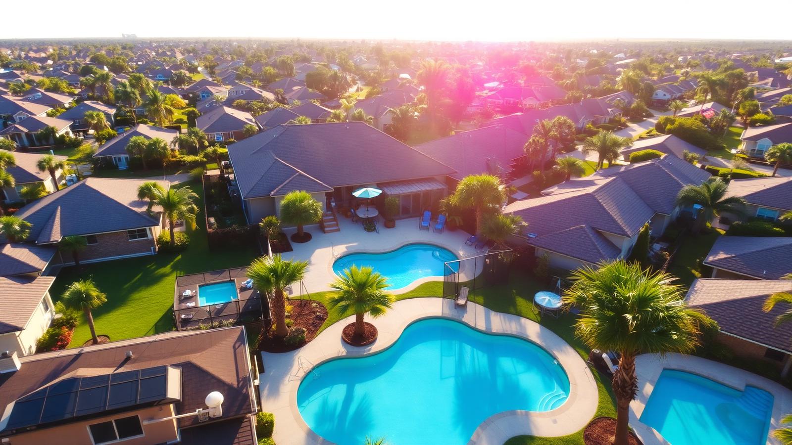Aerial of a Central Florida neighborhood with pool screen enclosures by Wekiva Screen + Custom Builds