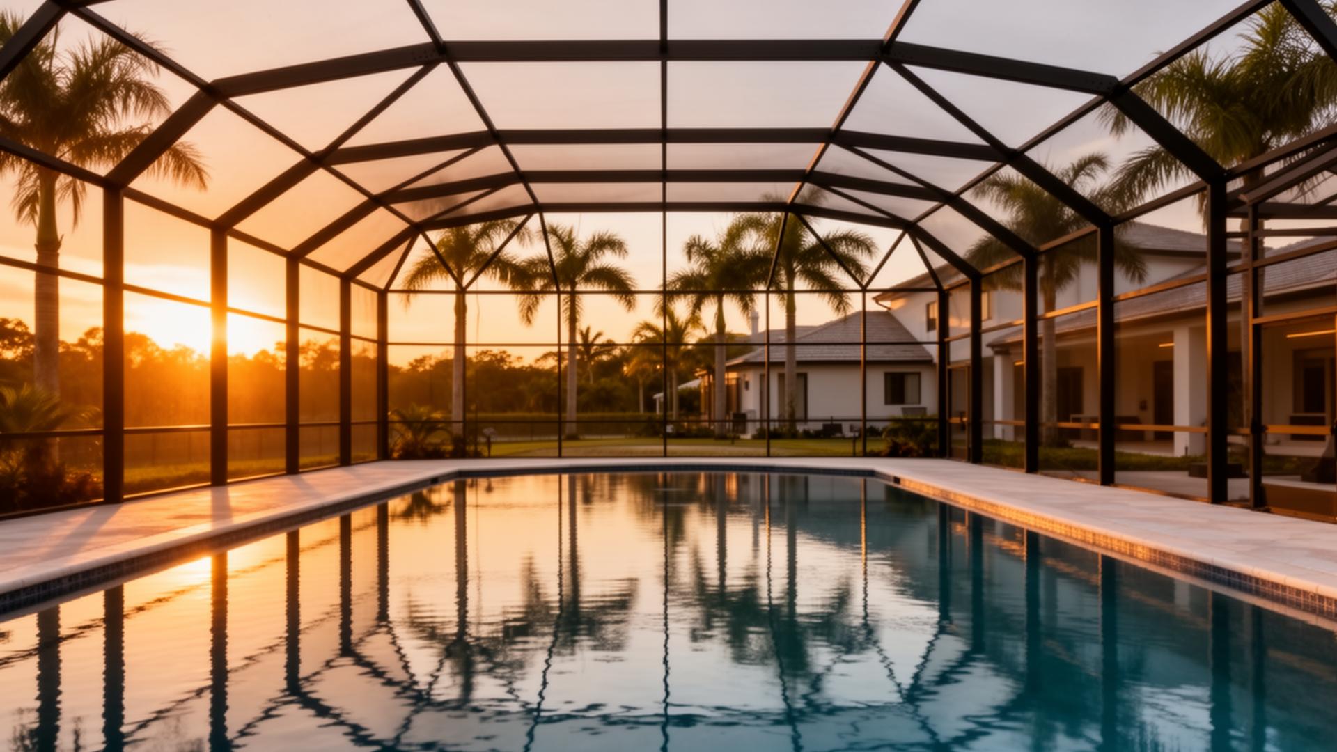 Pool screen enclosure at golden hour in Central Florida by Wekiva Screen + Custom Builds